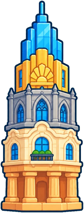 A cartoon tower stacked from ancient, Baroque, Gothic, Art Deco and glass floors