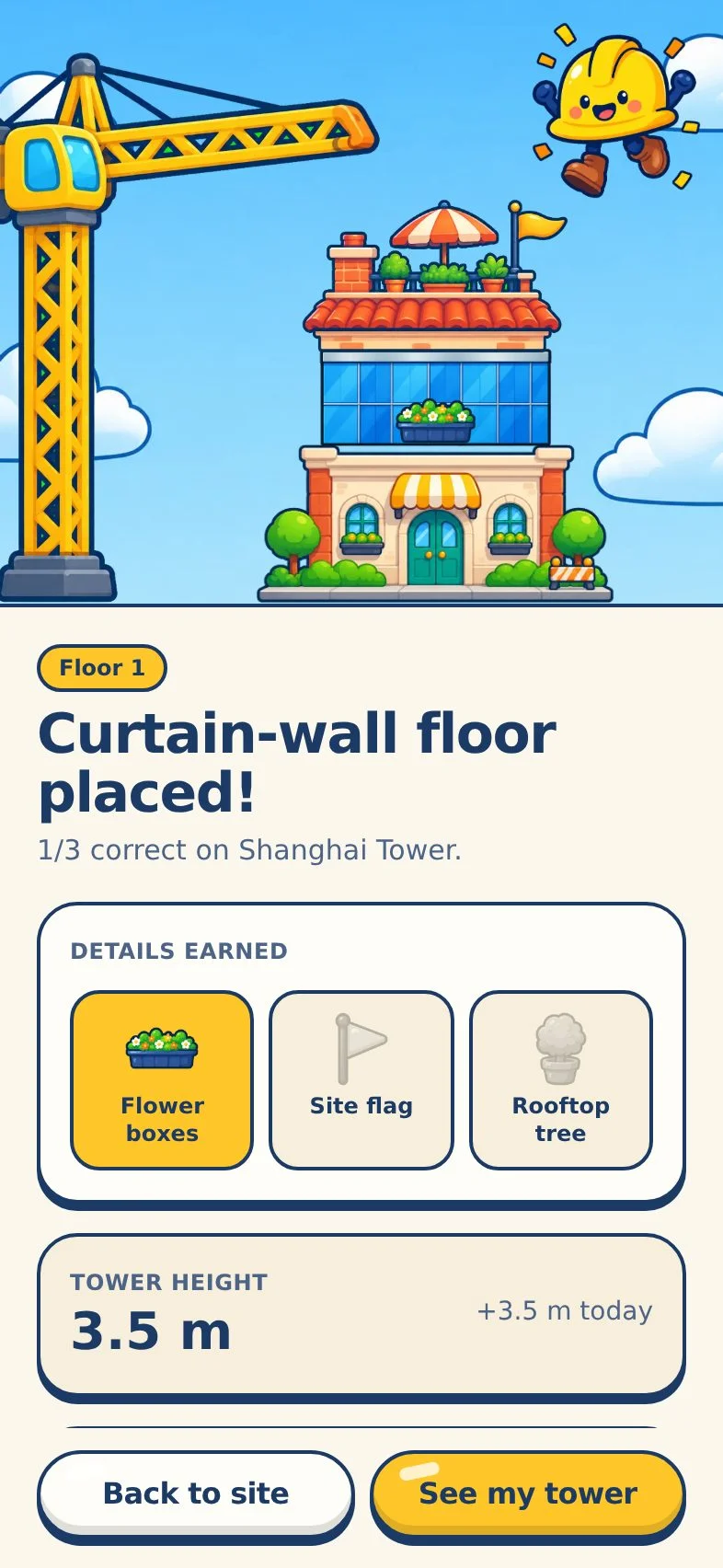 A curtain-wall floor placed on the tower with the details earned