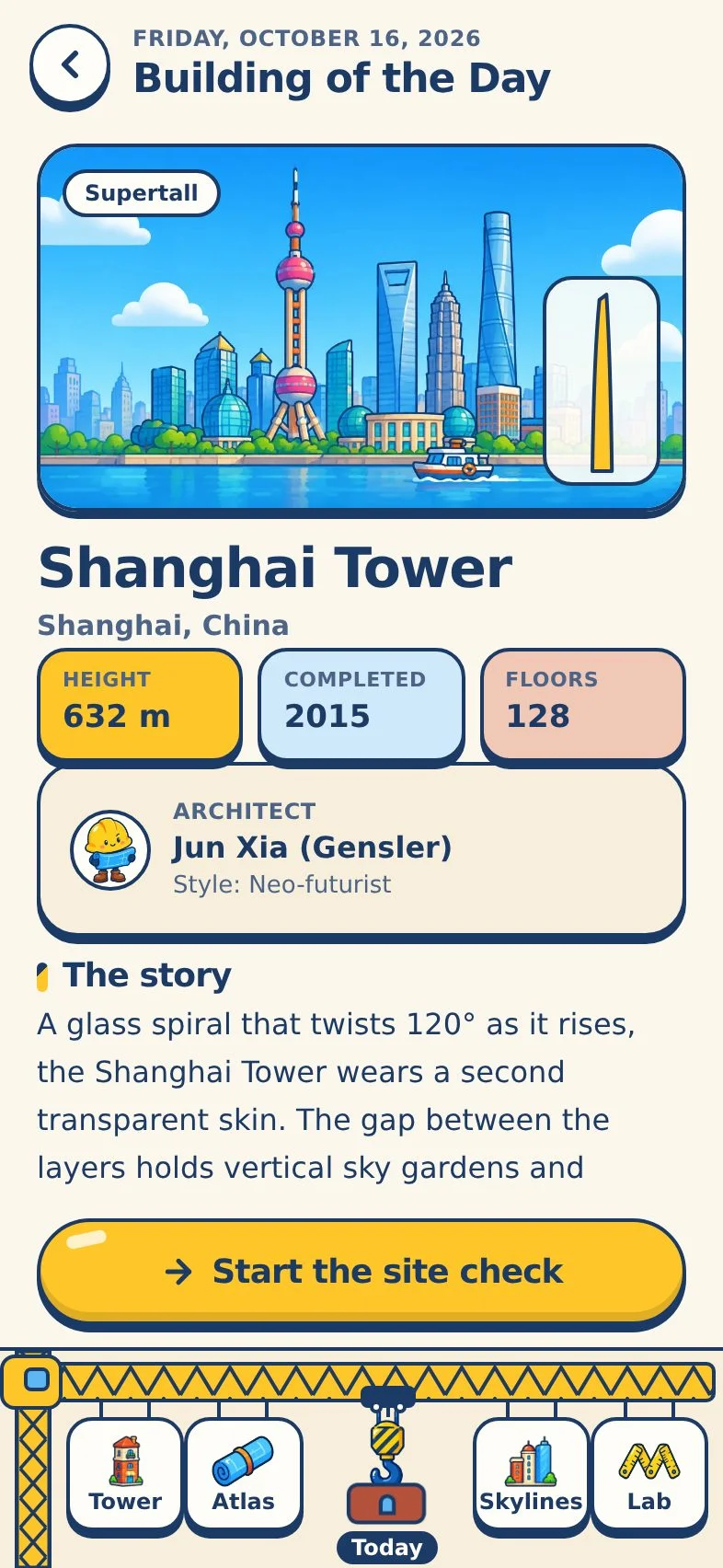 Building of the Day screen for the Shanghai Tower with height, year and floors
